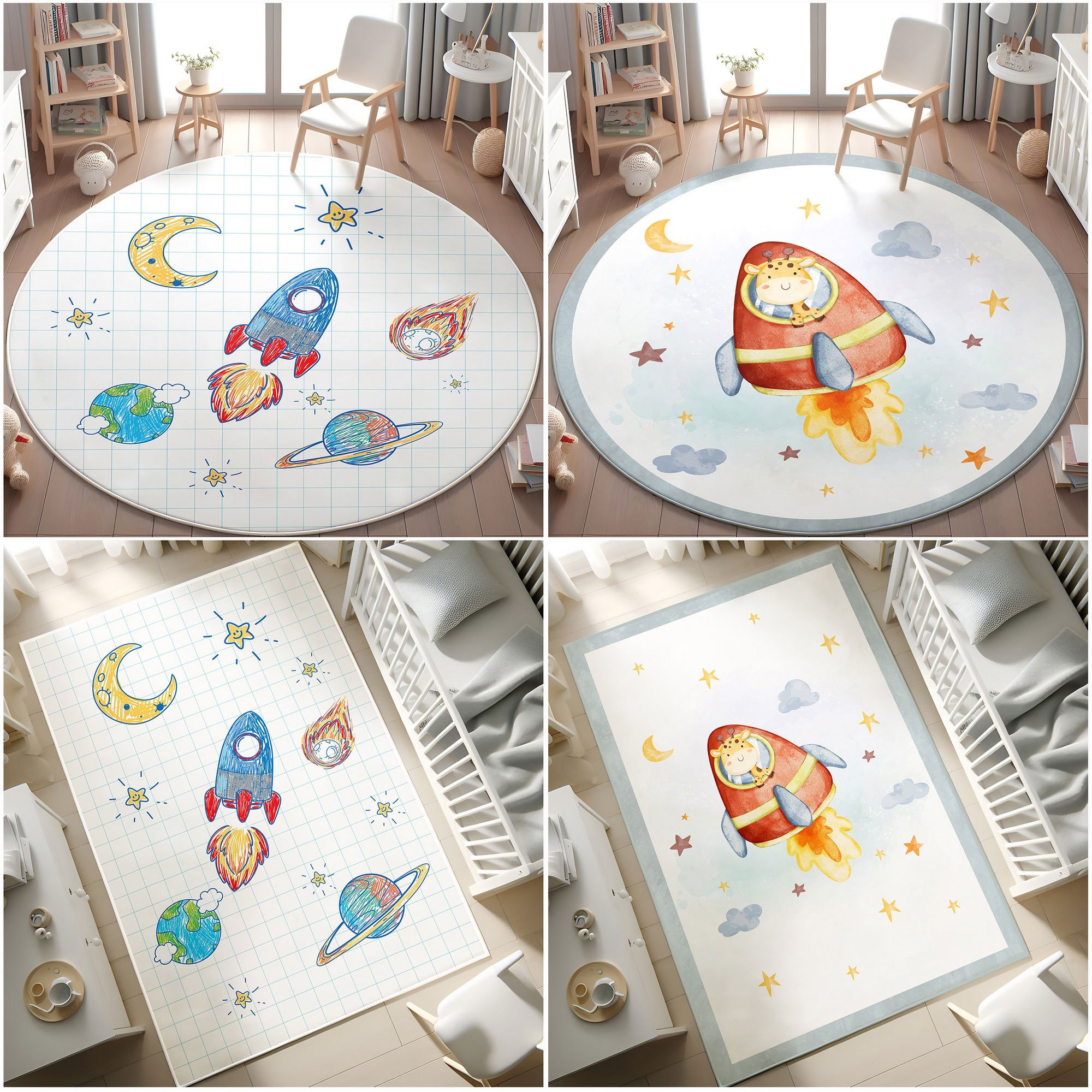 Rocket Circular Rug Rocket Figured Washable Rug, Play Mat, Baby Room Decor, Kinderkarten ...