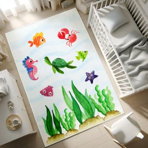 Ocean Animals Rug, Nursery Rug, Kids Area Rug, Washable Non Slip Soft Rug, Play Rug, Whale Playroom Rug, Baby Rug, PILLOW CASE GIFT