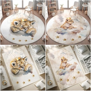 Teppich mit Löwen-Thema, runder Teppich für Jungen, Baby Löwe Spielmatte für Jungen, rutschfester runder Teppich, waschbarer Kinderteppich, Kleinkindteppich, Kissenbezug Geschenk