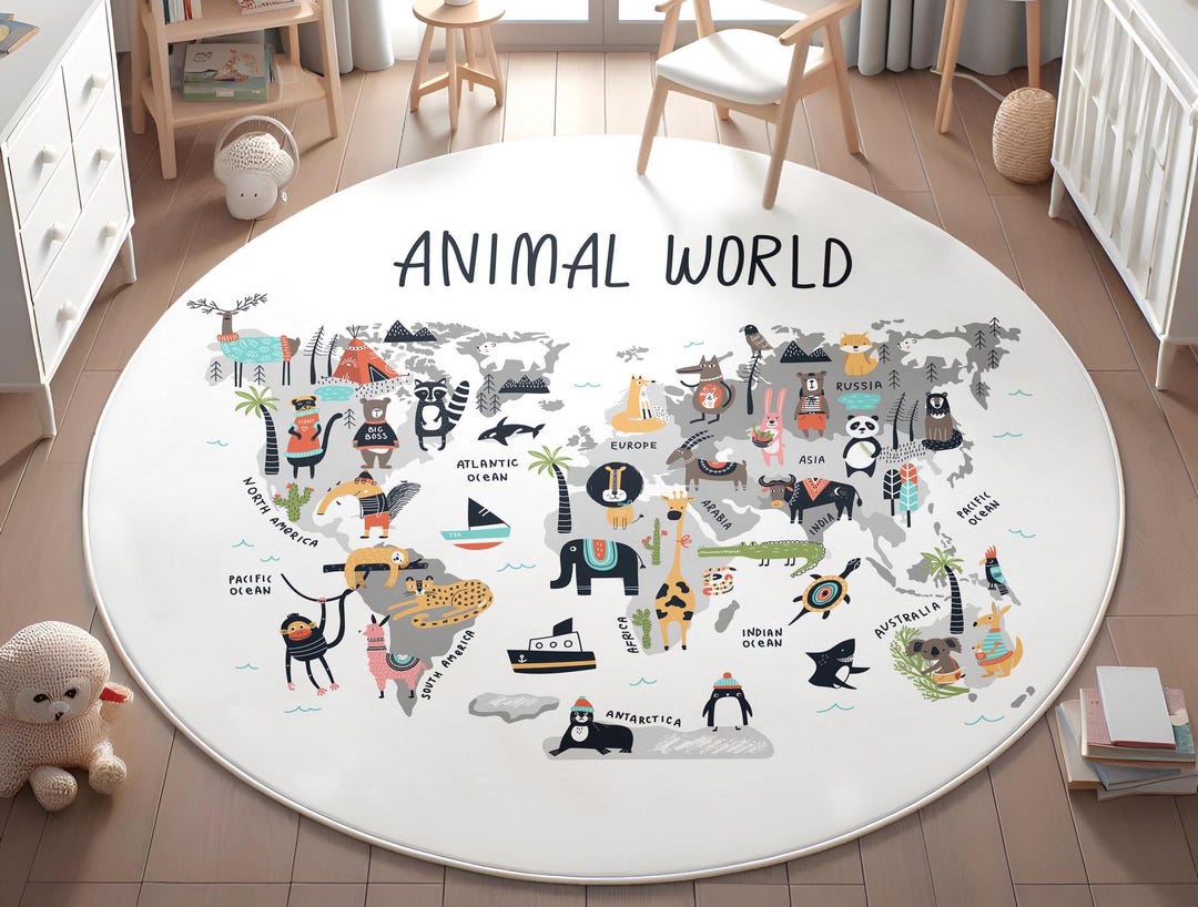 Animal World Map, Anti Slip Kids Mat, Nursery Carpet, Cute Animal ...