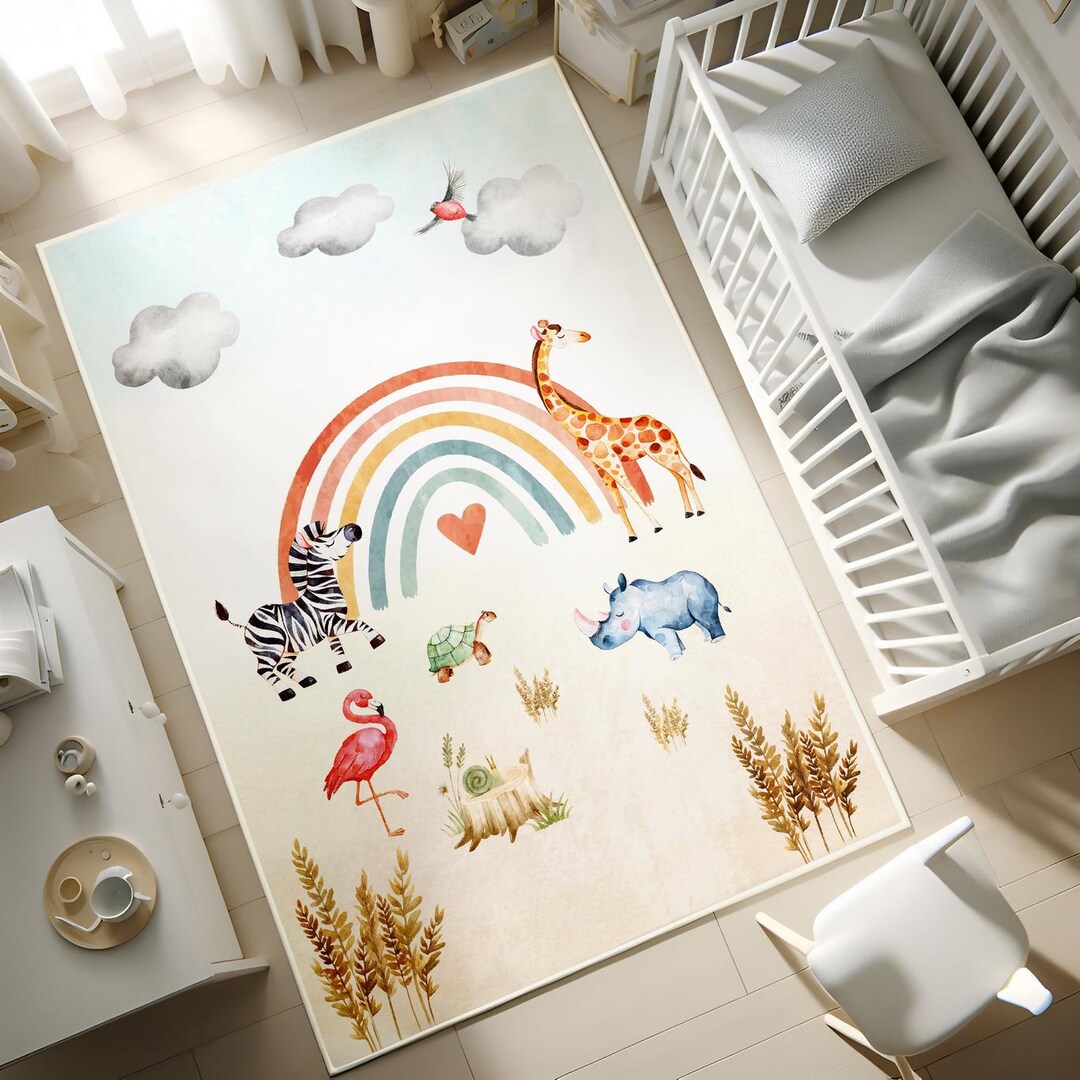 Safari Animal Rainbow Rug, Safari Animal Giraffe Zebra Turttle Carpet ...