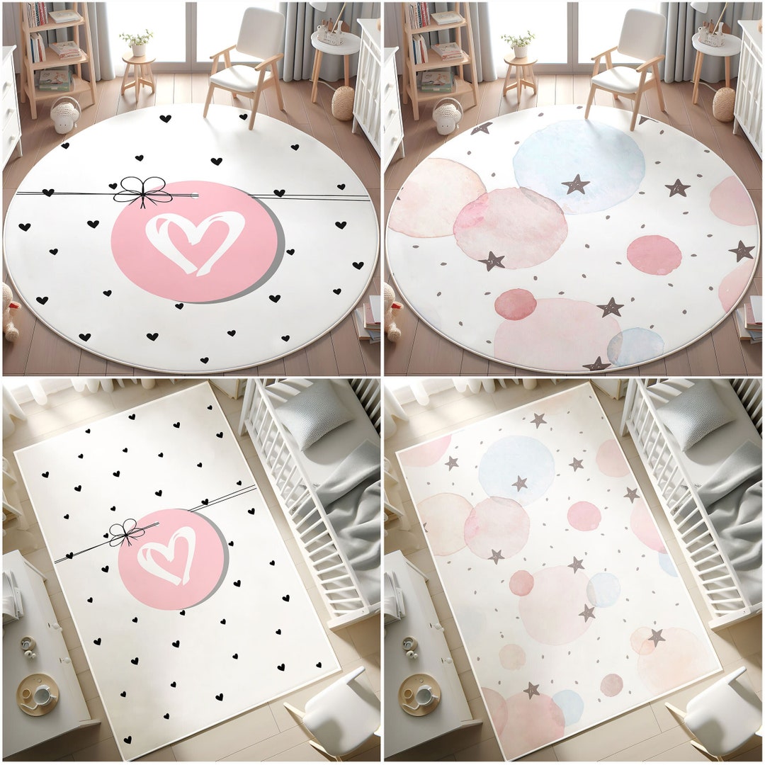 Pink Heart Girls Round Rug,polka-dot Kids Carpet,toddler Rug,non-slip ...