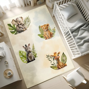 Tapis Safari pour enfants, tapis lavable pour enfants, tapis safari, lion, girafe, éléphant, tapis pour tout-petits, carpette, tapis antidérapant, rectangle, taie d'oreiller 2