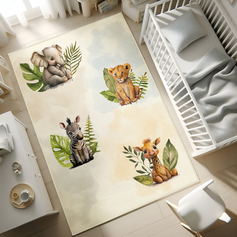 Tapis Safari pour enfants, tapis lavable pour enfants, tapis safari, lion, girafe, éléphant, tapis pour tout-petits, carpette, tapis antidérapant, rectangle, taie d'oreiller 2