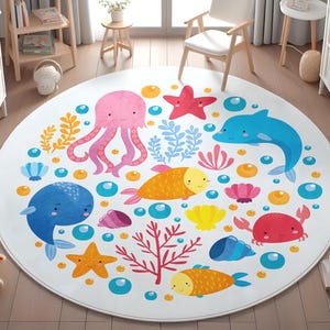 Sea World Nursery Rug,Whale Playmat for Kids Room, Marine Toddler Round Carpet, Hook Non Slip Activity Rug, Playroom Rug, PILLOW CASE GIFT