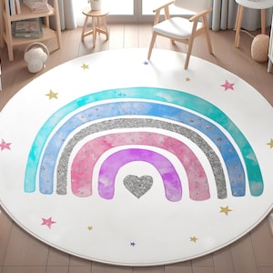 Rainbow Kids Rug, Round Kid&#39;s Room Rug, Playmat For Kids, Colorful Baby Room Carpet, Anti-Slip Washable Nursery Mat, PILLOW CASE GIFT