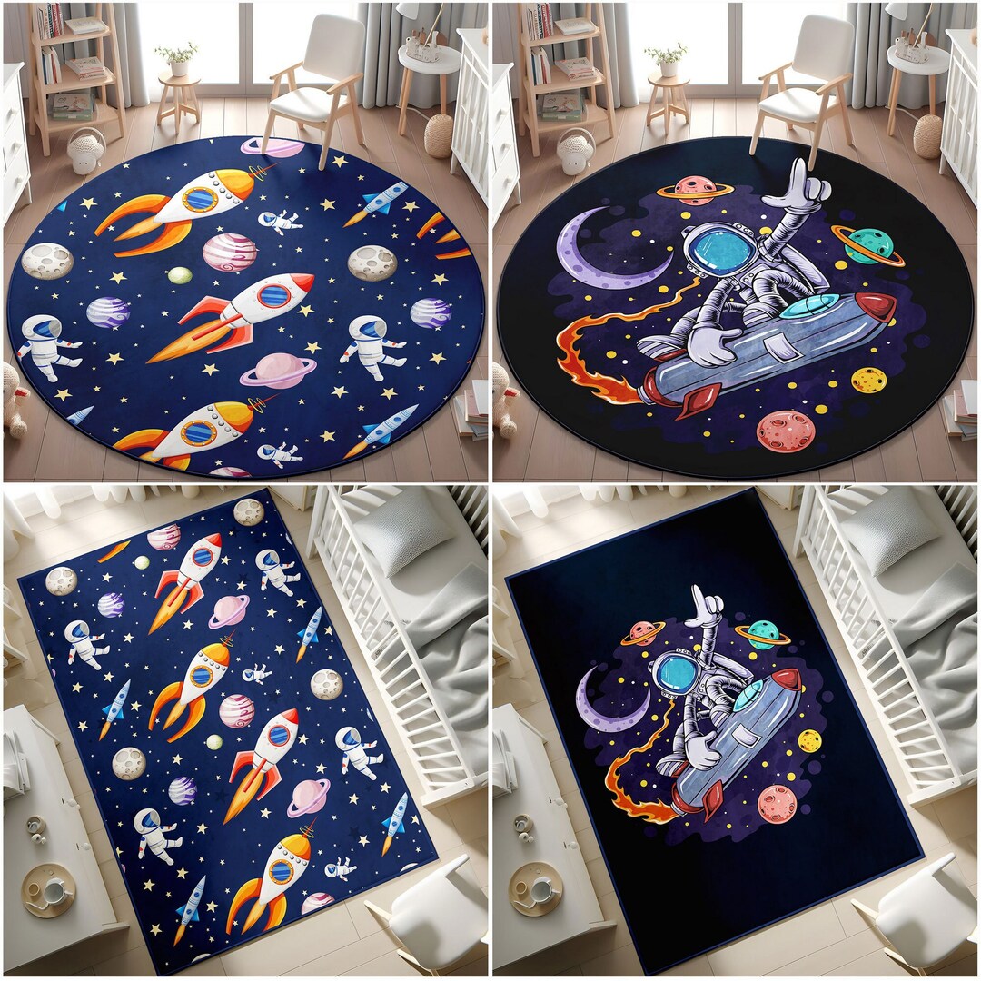 Moon Rover Play Rug Space Themed Kid's Rug,cute Astronauts Nursery Mat,planets Children's ...