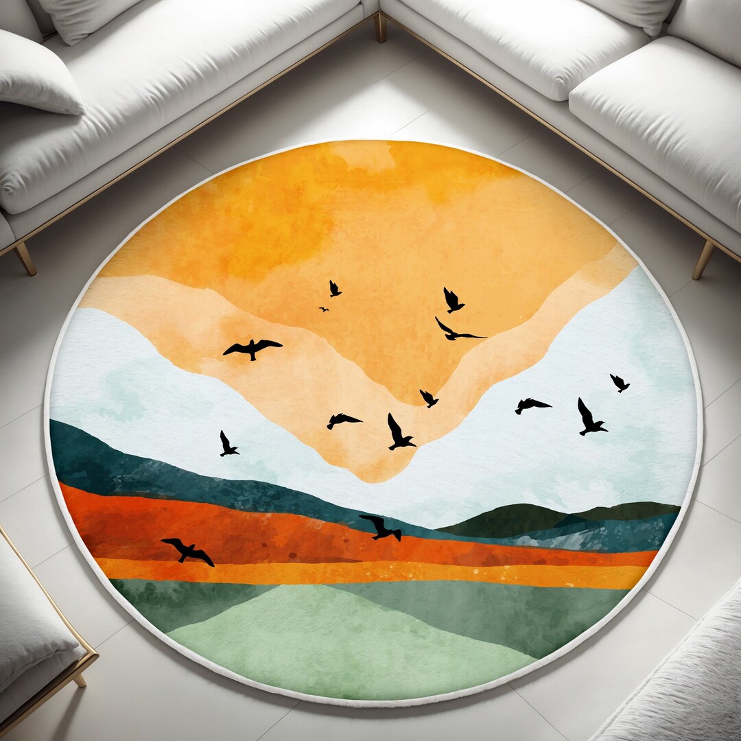 Colorful Mountain Round Living Room Rug, Anti-slip Kitchen Mat, Minimal ...