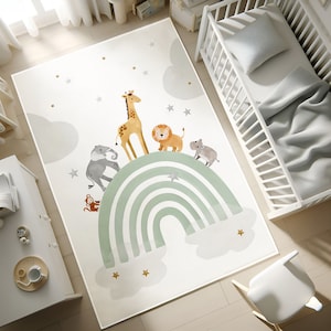 Tierteppich,Regenbogenteppich,Tierlöwe Giraffe Zebra Affen Teppich,Regenbogenteppich,Kleinkind Teppich Waschbar Kinderteppich,Regenbogen Teppich,Kissenbezug Geschenk