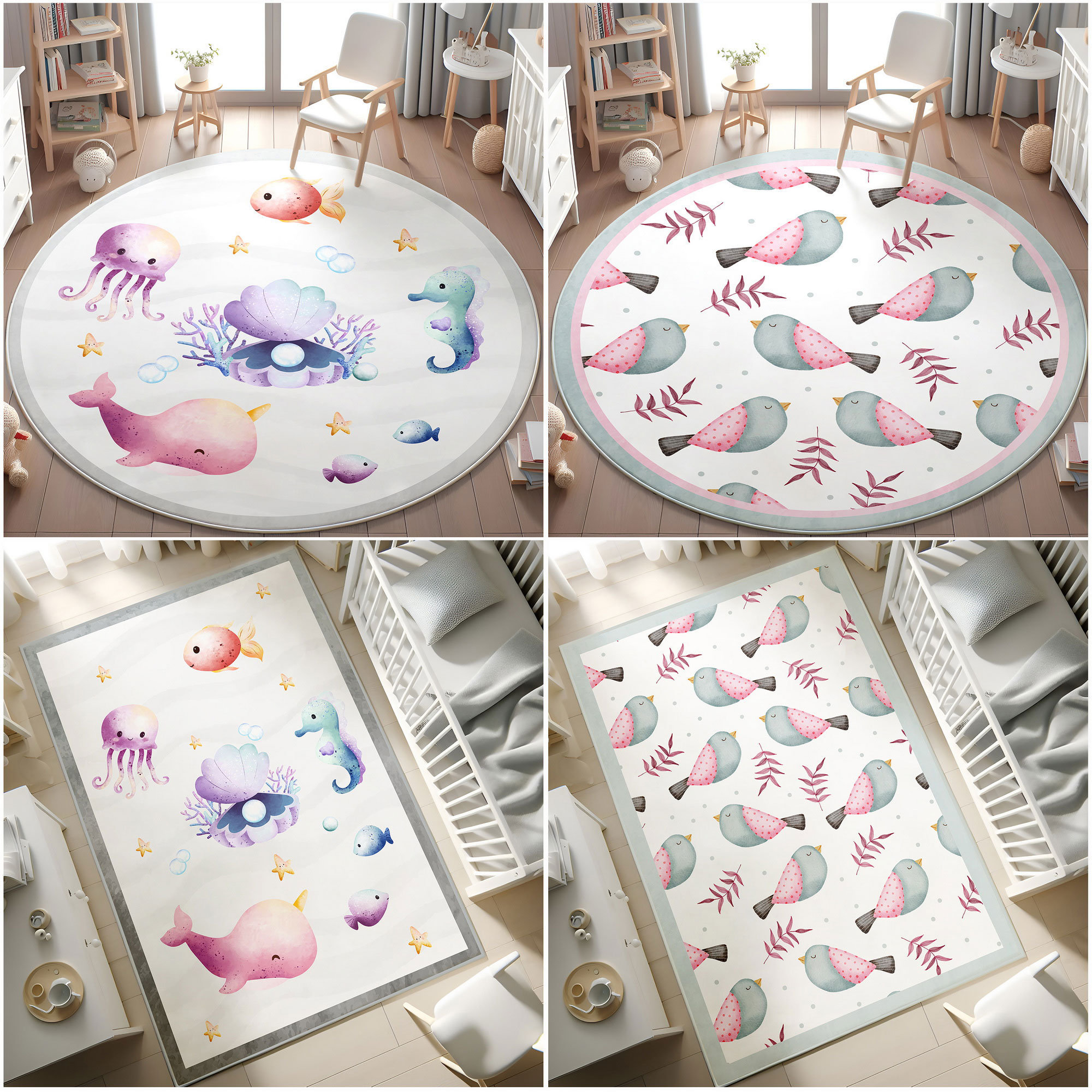 Ocean Whale Nursery Rug,Sea Dolphin Baby Room Decor,Underwater World Rug,Under the Sea Nursery Mat,Whale Activity Area Rug,Kids Rug,Bird Rug