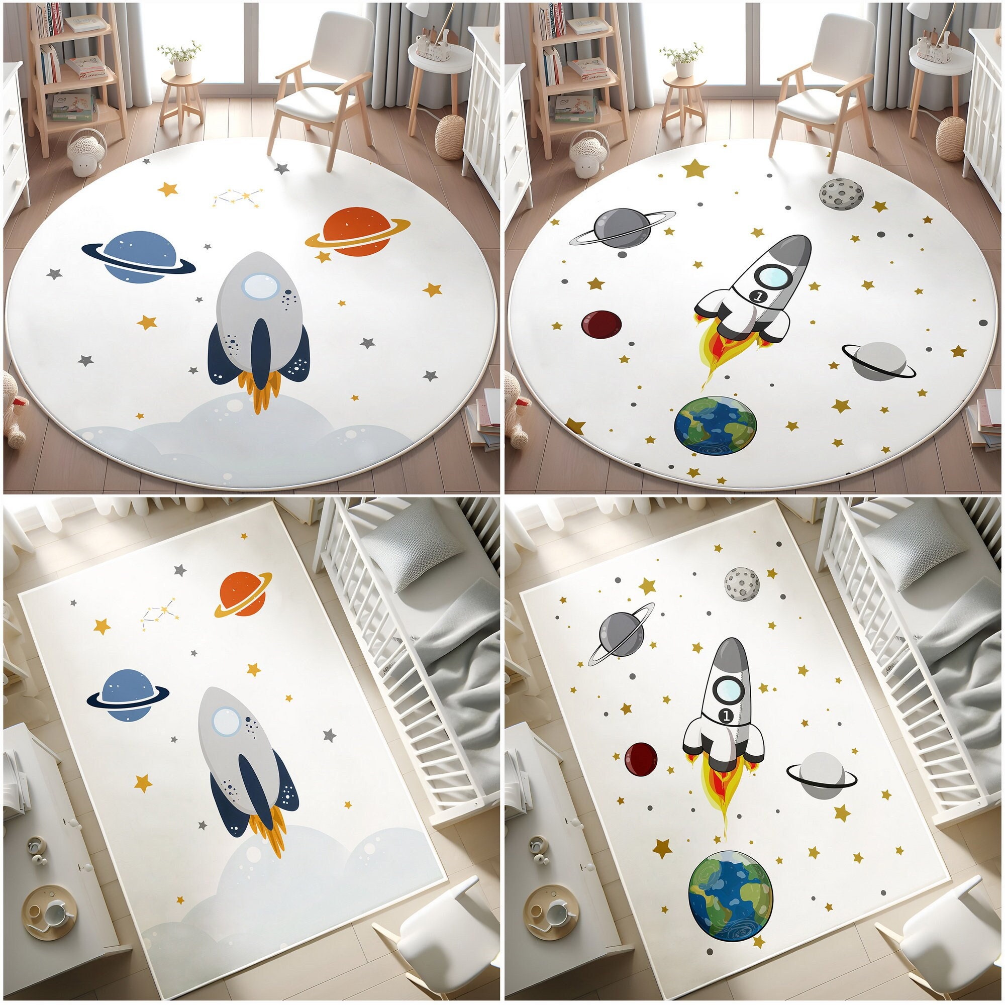 Rocket  Themed Kids Rug,Planet Activity Rug,Ultra Soft Space Playmat for Kids Room,Galaxy Non Slip Activity Rug,Baby Rug,PILLOW CASE GIFT