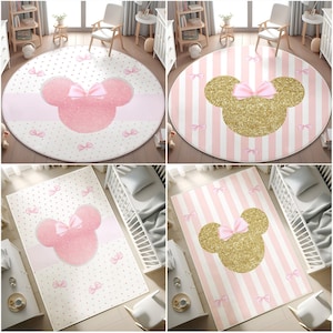 Tappeto rosa, tappeto Minni dorato, tappeto per la sala giochi delle bambine, tappeto rotondo lavabile per la cameretta dei bambini, tappeto antiscivolo con fiocco, tappeto rettangolare, federa regalo
