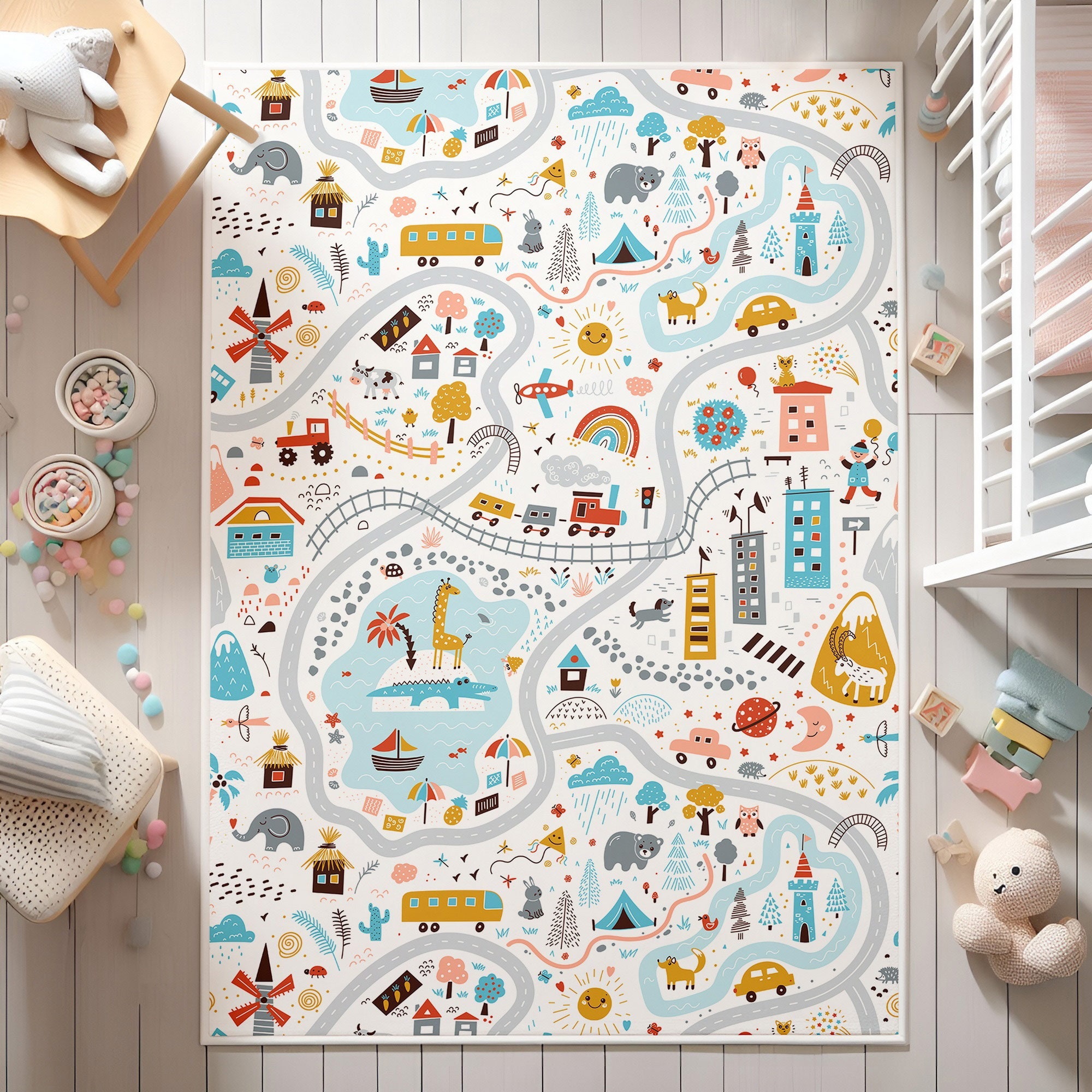 City Road Boys Room Rug, Playroom Rug, Kids City Traffic Rug, Baby Boy ...