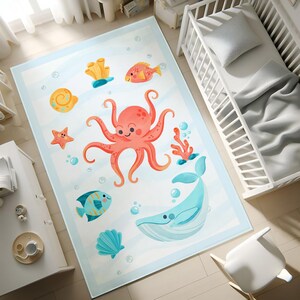 Ocean Animals Rug, Nursery Rug, Kids Area Rug, Washable Non Slip Soft Rug, Play Rug, Whale Playroom Rug, Baby Rug, PILLOW CASE GIFT