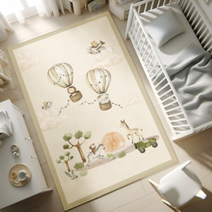 Niedlicher Safari Themen Teppich mit Auto, Baby Geschenk, Bereich Teppich,Heißluftballon Kinderteppich, Kleinkindteppich, Waschbar Kinderteppich,Babyteppich, KISSENBEZUG GESCHENK