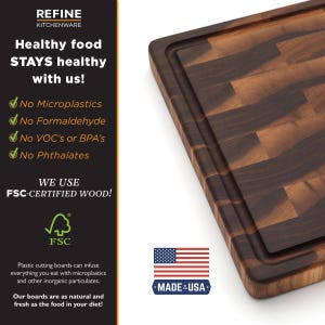 a wooden cutting board with a black background and text promoting its use of FSC-certified wood.