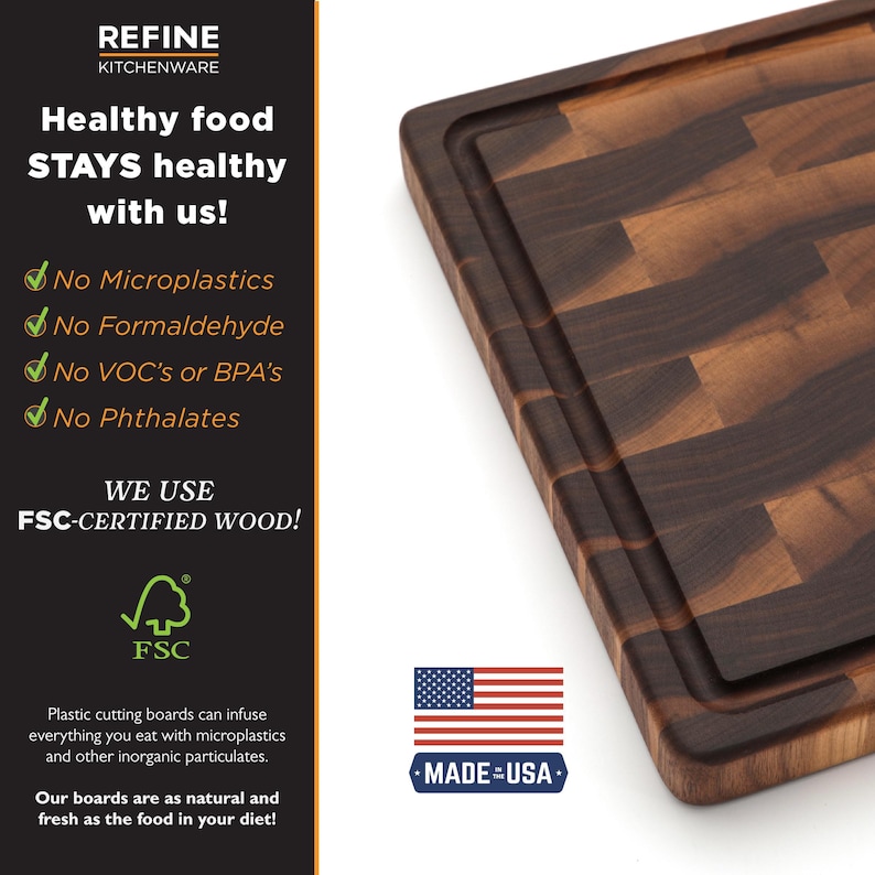 a wooden cutting board with a black background and text promoting its use of FSC-certified wood.