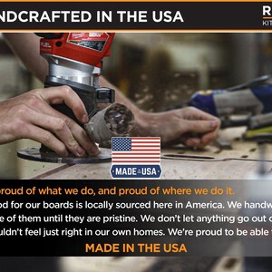 a person using a power tool to work on a wooden board, with a focus on the craftsmanship and the American-sourced materials.