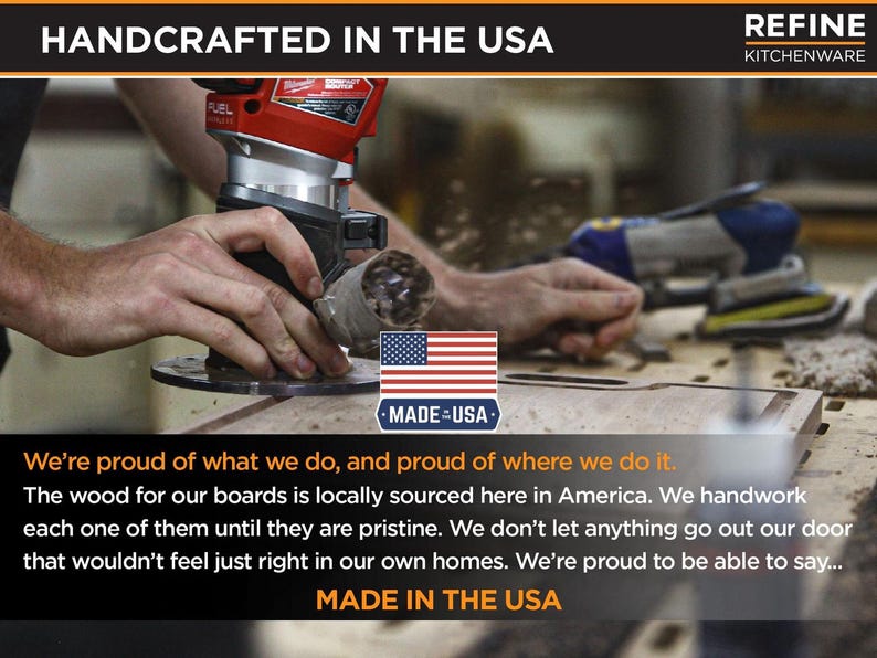 a person using a power tool to work on a wooden board, with a focus on the craftsmanship and the American-sourced materials.