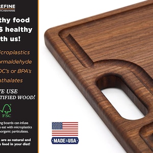 a wooden cutting board with a handle, accompanied by text promoting its use of FSC-certified wood and its health benefits.