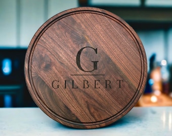 Personalized Walnut Cutting Board: 18" Round Charcuterie Board with Juice Groove