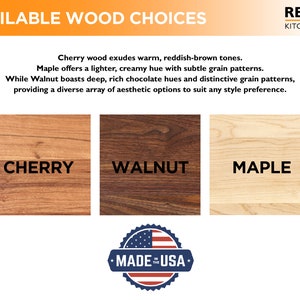 May include: Three wood samples, cherry, walnut, and maple, showing the different grain patterns and colors of each wood. The text "AVAILABLE WOOD CHOICES" is at the top of the image. The text "REFINE KITCHENWARE" is at the top right of the image. The text "MADE IN THE USA" is at the bottom of the image.