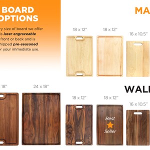 May include: A comparison of different sizes of wooden cutting boards in maple and walnut wood. The boards are available in 12 x 9 inches, 16 x 10.5 inches, 18 x 12 inches, and 24 x 18 inches. The 18 x 12 inch walnut board is labeled "Best Seller".