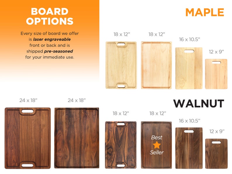 May include: A comparison of different sizes of wooden cutting boards in maple and walnut wood. The boards are available in 12 x 9 inches, 16 x 10.5 inches, 18 x 12 inches, and 24 x 18 inches. The 18 x 12 inch walnut board is labeled "Best Seller".