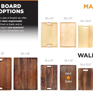 a variety of wooden cutting boards in different sizes, including walnuts and maple, with options for various dimensions.