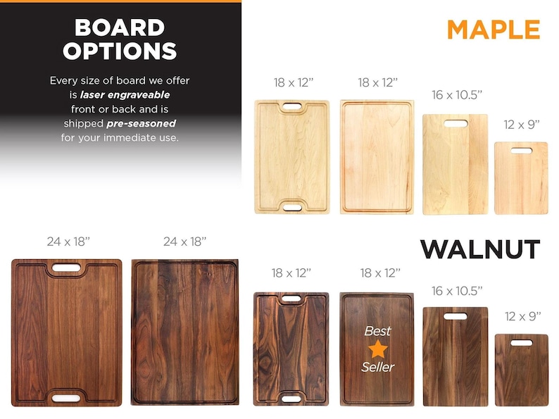 a variety of wooden cutting boards in different sizes, including walnuts and maple, with options for various dimensions.