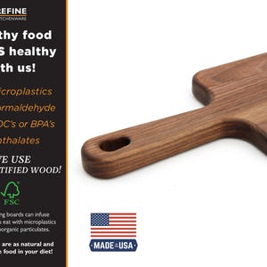 a wooden cutting board with a handle, accompanied by text promoting the use of FSC-Certified wood for healthy food stays.