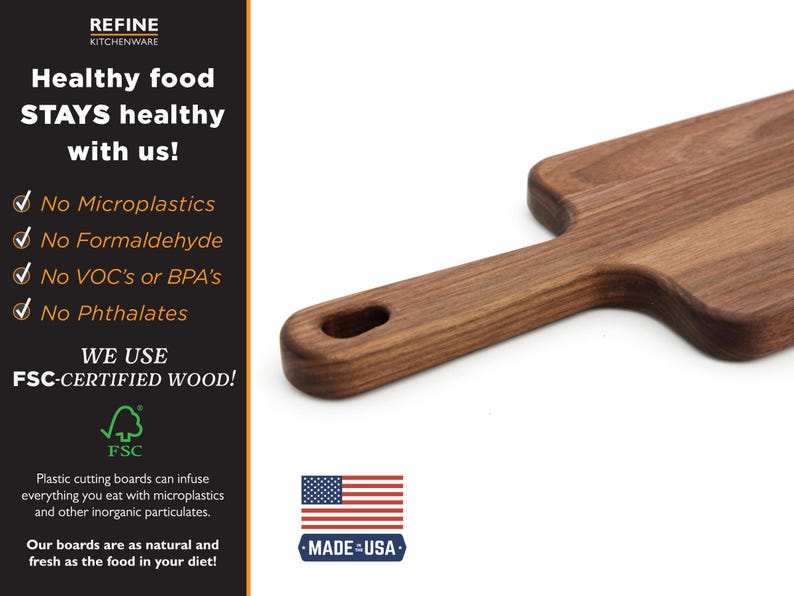a wooden cutting board with a handle, accompanied by text promoting the use of FSC-Certified wood for healthy food stays.