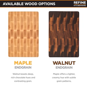 two different types of wood grain patterns available for use in kitchenware: Maple and Walnut Endgrain.