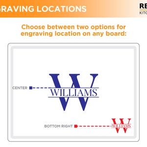 May include: A white cutting board with two options for engraving location. The first option is centered with the text "CENTER" and the second option is on the bottom right with the text "BOTTOM RIGHT". Both options show the text "WILLIAMS" in blue and a blue "W" with a line underneath.