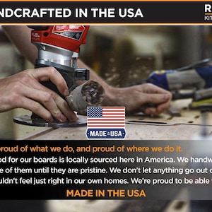 a person using a power tool to work on a wooden board, with a focus on the craftsmanship and the American-sourced materials.
