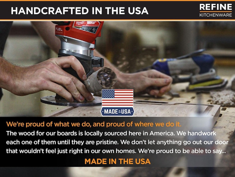 a person using a power tool to work on a wooden board, with a focus on the craftsmanship and the American-sourced materials.