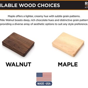 two different types of wooden cutting boards, one made of walnut and the other made of maple. The text above the image provides information about the wood choices, including that walnut offers a lighter, creamy hue with subtle grain patterns, while maple boasts deep, rich chocolate hues and distinctive grain patterns, providing a diverse array of aesthetic options to suit any style preference.