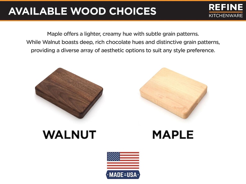 two different types of wooden cutting boards, one made of walnut and the other made of maple. The text above the image provides information about the wood choices, including that walnut offers a lighter, creamy hue with subtle grain patterns, while maple boasts deep, rich chocolate hues and distinctive grain patterns, providing a diverse array of aesthetic options to suit any style preference.