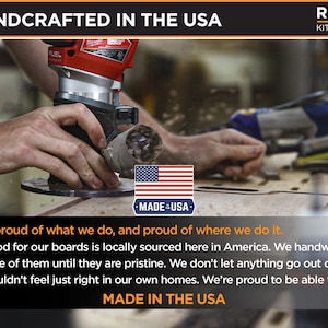 a person using a power tool to work on a wooden board, with a focus on the craftsmanship and the American-sourced materials.