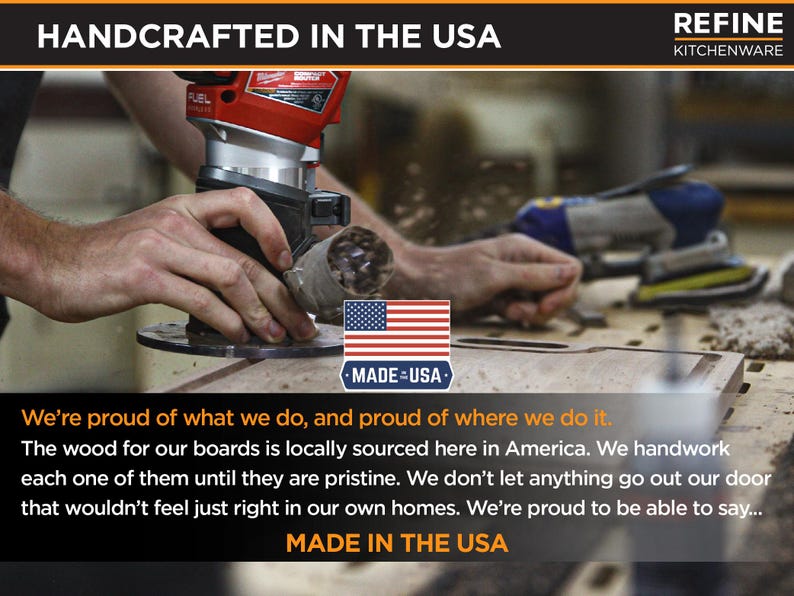 a person using a power tool to work on a wooden board, with a focus on the craftsmanship and the American-sourced materials.
