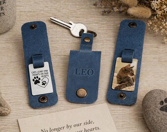 Pet Remembrance Keepsake, Pet Memorial Leather Keychain, Custom Photo & Quote, Cat Loss Gift,  Personalized Engraving on Leather Case