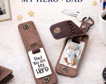 Customized photo keychain in leather case, Dad leather keychain, First father's day gift, Personalized picture keyring, New dad keychain