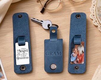 Leather keychain, Gift for loss of mother, Memorial photo keychain with message on back, Bereavement gift for mom, In loving memory grandma