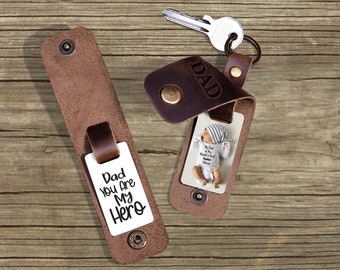 Customized photo keychain in leather case, Dad leather keychain, First father&#39;s day gift, Personalized picture keyring, New dad keychain