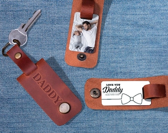 Photo keyring, Daddy keychain, Daddy to be photo gift, Personalized leather picture keychain for Daddy, Photo keychain, Daddy birthday gift