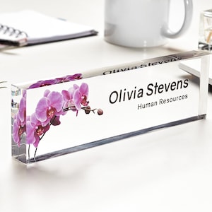 Desk name sign for women with orchid, Personalized name plate for desk, Office decor desk, Executive desk name plate, Name plate sign