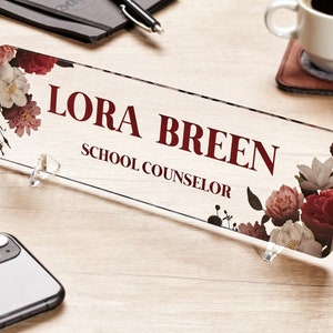 Custom Name Plate for Desk Personalized Sign Desk Name Plate Office Supply Flower Design on Acrylic Glass Sign Gift For Executive Assistant