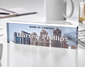 Custom Desktop Semi-Transparent Name Plate – Personalized Office Gift with Photo & Logo – Corporate Gift for Employees, Clients and Partners