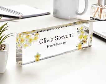 CoWorker Gift Desk NamePlate Personalized Professional Office Gift Business & Office Sign Name Plate for Desk with Plumeria Flower Design