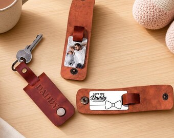 Custom Leather Photo Keychain with Personal Message – Gift for Daddy from Daughter or Son – Father’s Day, Birthday, or Anniversary Keepsake